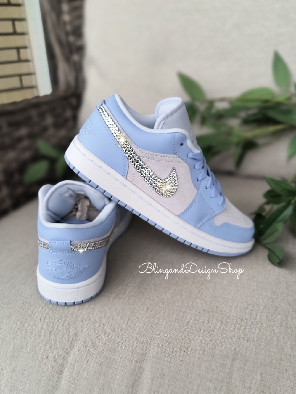 Bling Nike Air Jordan 1 Low Blue White Women's Sneakers Customized With Crystals - Picture 3 of 6